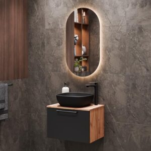 Planetmöbel Astra Badmöbel Set mit Waschtisch 60 cm Gold Eiche Anthrazit, Aufsatzwaschbecken 42 cm schwarz, Spiegel (mit LED) 50cm