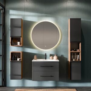 Badmöbel Set Waschtisch mit integriertem Keramik-Waschbecken, Hochschrank und Midischrank in Gold Eiche/Anthrazit für ein luxuriöses Badezimmerdesign