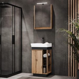 Modernes Badmöbel Set mit Waschtisch und Spiegelschrank in schwarz, inkl. LED Aufbauleuchte und Bad-Armatur