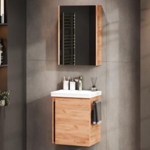 Komplett Badmöbel-Sets von Planetmöbel, Waschtisch, Unterschrank und Spiegelschrank in Gold Eiche-Design für Badezimmer