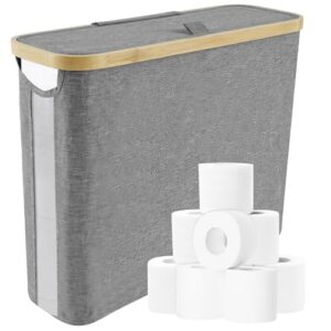 Großer Korb für Toilettenpapier mit Deckel und stabilen Bodenständer, ideal für Badezimmer und Hygiene, 23.6L Fassungsvermögen, Oxford-Stoff und Holzrand