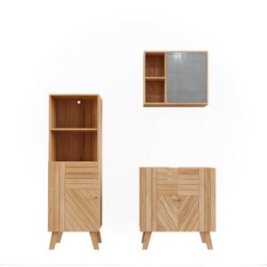 Moderner Bambus-Stil für das Badezimmer: Vicco Badmöbel-Set Lucie aus Spiegelschrank, Waschbeckenunterschrank und Midischrank mit viel Stauraum oben und unten.