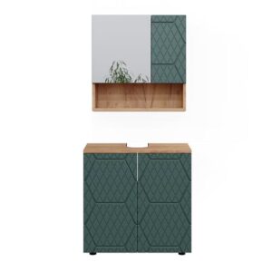 Vicco Badmöbel-Set Irma, Goldkraft Eiche/Grün, 2 Teile, Unterschrank 60 cm - Badezimmer-Möbel-Set mit Waschbeckenunter- und Spiegelschrank