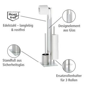 WENKO Stand WC-Garnitur Mod. Rivalta, mit integriertem Toilettenpapierhalter und WC-Bürstenhalter, in rostfreier Edelstahl-Qualität, 23 x 70 x 18 cm, Silber matt