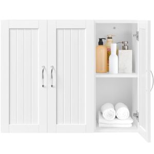 Yaheetech Badezimmerschrank mit 3 Türen, hängender Schrank für Badezimmer oder Küche, weißer Farbton, hochwertiger und robuster Design, ideal für Stauraum in Badezimmer oder Küche.