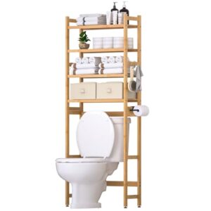 Bambus Toilettenregal mit 2 Körben und Wasserdichten Fußpads für das Badezimmer, 4-stufige Konstruktion