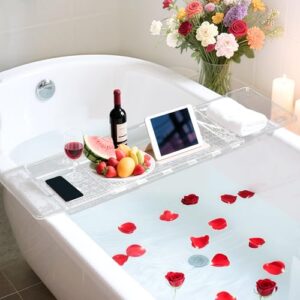 Transparente Badewannenablage aus Kunststoff, Ausziehbare Badewannentablett für Tablet und Handtuch, Verstellbare Ablagebrett für Badezimmer SPA