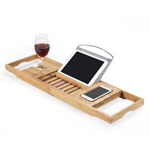Badewannenablage aus Bambus-Holz für Badewanne - Platz für Buch, Badeprodukte und Glas