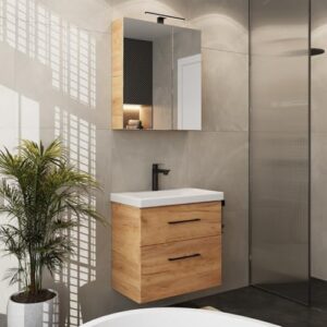 Moderne Badezimmer Möbel, Waschtisch mit Unterschrank und Spiegelschrank in Gold Eiche Farbe