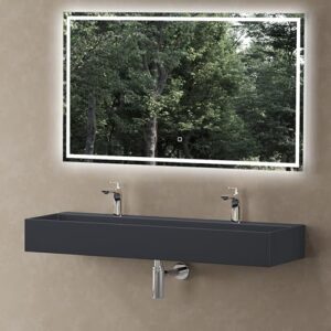 Doppelt Armaturen Waschbecken aus Mineralguss in Anthrazit matt 120 x 40 cm für Badezimmer Hänge- oder Aufsatzwaschbecken