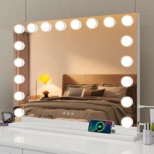 Ergonomischer Schminkspiegel mit Beleuchtung, 80x60cm groß, 18 LED Lichter mit 3 Lichtfarben, Touch Control und USB-Anschluss für Kosmetika, ideal für Tischplatten oder Wandhalterungen.