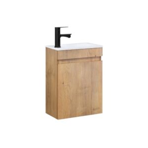 Kleines Badmöbel Set mit Waschtisch, Waschbecken und Unterschrank in Eiche. Wandhängend montierter Waschtisch mit unsichtbarem Griff.