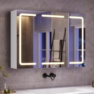 Spiegelschrank mit LED-Beleuchtung, Steckdose und 3 Farbtemperaturen - Dimmbarer Badezimmerschrank mit Touch-Sensor für Bad oder WC