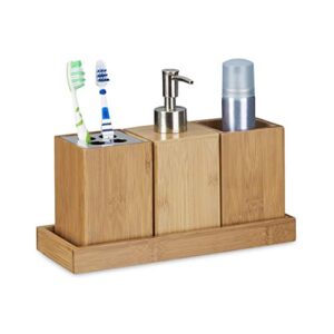 Relaxdays Bad-Accessoires-Set 4-teilig aus Bambus mit Zahnbürstenhalter, Seifenspender und Seifenablage für ein luxuriöses Bad-Erlebnis