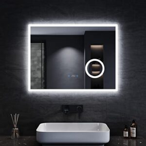 Badezimmerspiegel mit Beleuchtung 80x60 cm, drei einstellbare Lichtfarben, Anti-Beschlag Funktion, Touchschalter, Uhr und Temperaturanzeige