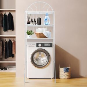 Praktisches und schickes 3-stöckiges Toilettenregal mit Haken und Ablagen für Badezimmer oder Waschmaschine, weiß lackiert, verstellbar und sparsam im Platzverbrauch.