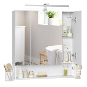 VASAGLE Badezimmerschrank mit LED-Beleuchtung, 16,5 x 70 x 75 cm, Steckdosen, Hängekorb, Haartrockner-Halter, Spiegelschrank für Badezimmer, wolkenweiß