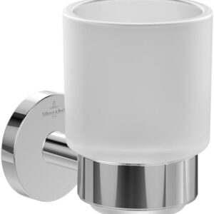 Villeroy & Boch Elements Tender Glashalter, Zahnbürstenhalter für Wandmontage, Zahnputzbecher aus satiniertem Glas mit Halterung aus Zink, rund, Chrom
