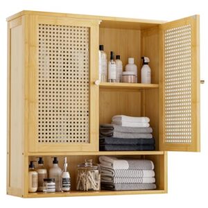 Badezimmerschrank mit 2 Rattantüren und verstellbarem Regal, Bambus-Aufbewahrungsorganisator für Wäsche und Medikamente im Badezimmer