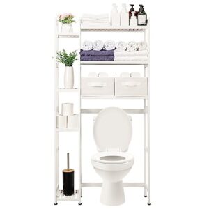 Yorbay Toilettenregal mit 2 Körben, Bambus WC Regal, 3-stöckiges Verstellbares Badregal mit Wasserdichtem Fußpolster und Multifunktionalem Badezimmerregal für Platzsparende Einrichtung im Weißen