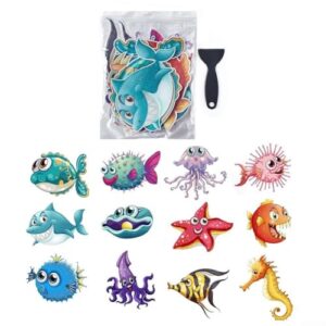 Rutschfeste Bad-Aufkleber für Kinder, Marine Life Cartoon Aufkleber Set von 12 mit Schaber für Badezimmer Sicherheit, Wasserdicht und Anti-Rutsch, Dekorative Fliesen Aufkleber, Lustige Dusche Dekoration