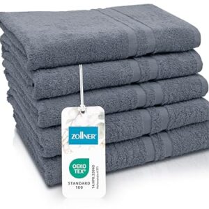 5er Set Duschtücher in 70x140 cm - Flauschige Badehandtücher aus Baumwolle - mit moderner Streifenbordüre - bis 60°C waschbar - mit praktischem Aufhänger - in grau - Hotelqualität