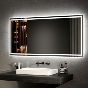 EMKE LED Badspiegel mit Beleuchtung, 120x60cm, LED Badezimmerspiegel mit Warmweißem und Kaltem Weißem Licht, Beschlagfrei und Taste