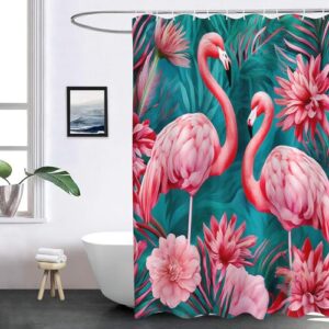 Flamingo Duschvorhänge in rosa Farbe mit tropischen Blütenmotiven, perfekt fürs Badezimmer