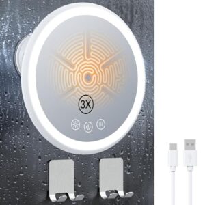 Beheizer Duschspiegel mit Licht und Akku, beschlagfrei, mit 5000 mAh Akku, 360° drehbar, 21,1 cm großer Anti-Beschlag-Rasierspiegel mit 3 Farben, stufenlos, dimmbar, inklusive 2 Klebehaken