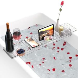 Badewannenablage aus Kunststoff, verstellbares Badewannenbrett für Ipad und Bücher, Badewanne Ablagebrett Geschenk für Frauen, transparentes Badewannen Zubehör