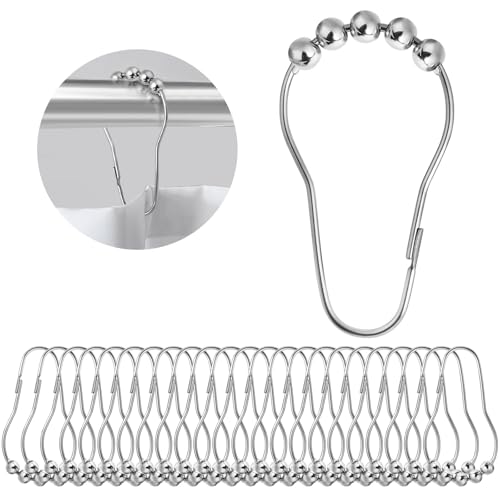 Silberne Duschringhaken für Badezimmer, Gardinenstange und Kleiderstange - 24 Stück mit Kugelgleitsystem