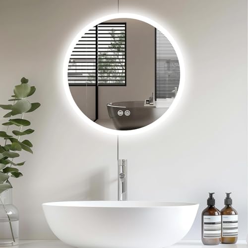 Badezimmerspiegel mit Licht für Make-up und Rasur, LED Spiegel Bad 50cm Rund mit stufenloser Helligkeitsregulierung und drei einstellbaren Farbtemperaturen
