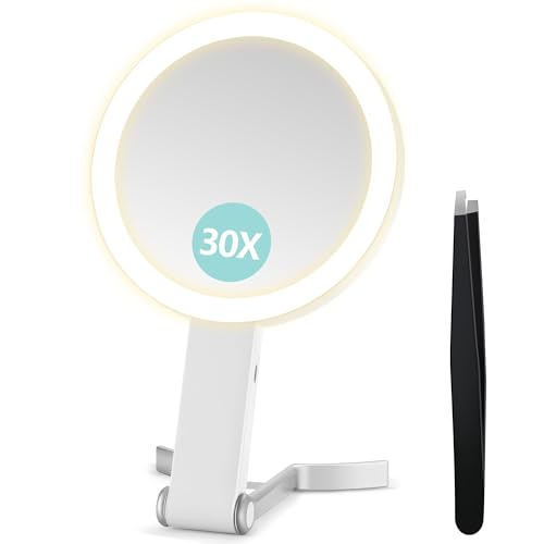 Vergrößerungsspiegel mit Licht, Doppelseitiger 30X/1X Vergrößerungsspiegel, Reise-Schminkspiegel mit 3 farbigen Lichtern