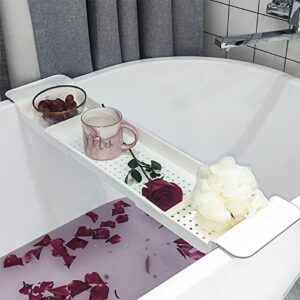 Einziehbares Badezimmertablett, Rechteckiges Tablett mit Harz-Tablettbrettern für Kerzen, Seife und Handtücher - Weiß