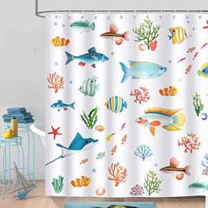 Bunter Duschvorhang mit Fischen und Korallen, tropisches Design fürs Bad, 180 x 180 cm groß, wasserdicht und antischimmelresistent