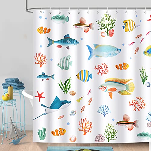 Bunter Duschvorhang mit Fischen und Korallen, tropisches Design fürs Bad, 180 x 180 cm groß, wasserdicht und antischimmelresistent