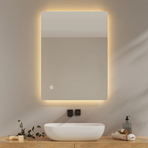 EMKE Badspiegel mit Beleuchtung 60x80cm, Badezimmerspiegel mit Beschlagfreiheit, 3 Lichtfarben dimmbar, Touch, Speicherfunktion und automatischer Abschaltung nach 3 Stunden