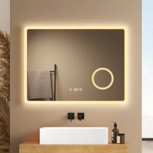 EMKE Badspiegel mit Beleuchtung 80x60cm Badezimmerspiegel mit 3 Lichtfarben dimmbar, Antibeschlag, Uhr, 3X Kosmetikspiegel, Touch, Speicherfunktion, ideal für Badezimmer