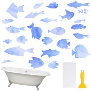 Rutschfeste Badewannen-Aufkleber mit Schaber für Badewanne, Treppe, Dusche, Boden, Blau, kleine Fische