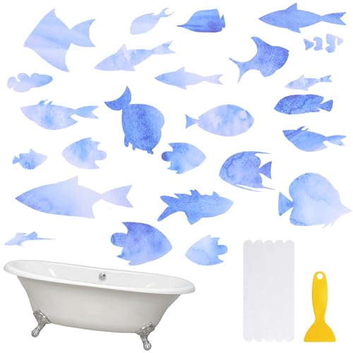 Rutschfeste Badewannen-Aufkleber mit Schaber für Badewanne, Treppe, Dusche, Boden, Blau, kleine Fische