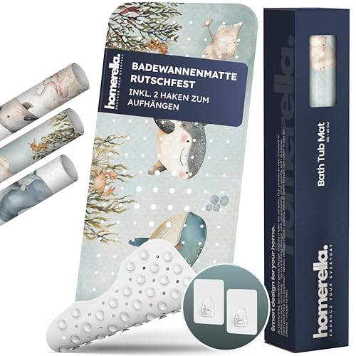 Rutschfeste Badewannenmatte aus 100% BPA-freiem Material, inkl. 2 Haken zum Aufhängen, ideal für Babys, Senioren und Haustiere.
