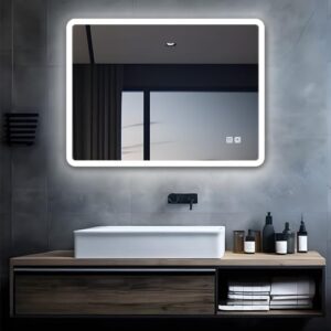 LED-Badspiegel mit Touch-Dimming, Beleuchtung und Anti-Beschlag-Funktion für Badezimmer, WC und Flur, 60x50 cm, rund runde Ecken