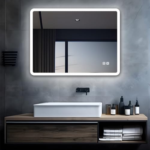 LED-Badspiegel mit Touch-Dimming, Beleuchtung und Anti-Beschlag-Funktion für Badezimmer, WC und Flur, 60x50 cm, rund runde Ecken