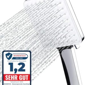 Wassersparer Duschkopf mit 6 verschiedenen Strahlarten für einen erholsamen Dusch-Erlebnis, kratzfeste perlmuttfarbene Platte und glänzende Oberfläche.