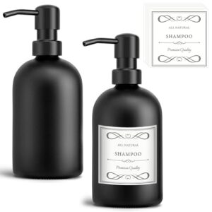 Schwarzer Seifenspender mit Pumpe und Etiketten, ideal für Badezimmer oder Küche, 2 x 400 ml Glasflaschen mit Pumpkopf