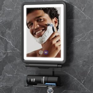 Shinowa Beschlagfreier Beheizter Duschspiegel mit 3 Dimmbaren Lichtfarben, Wandmontierter Anti-Beschlag-Duschspiegel für Männer mit Rasierklingenhalter und Heizfunktion