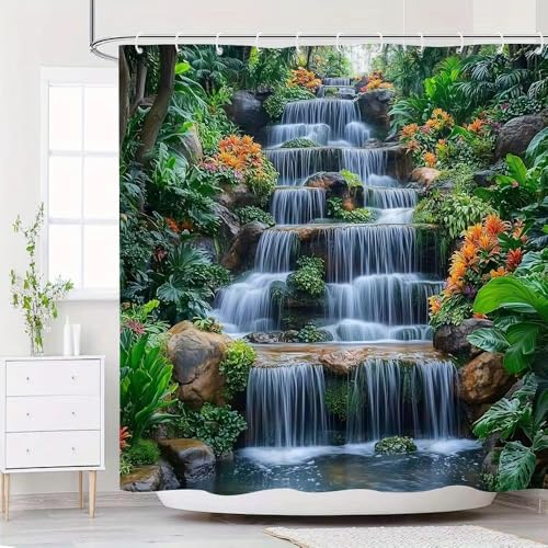 Duschvorhang mit tropischem Wasserfall - Moderne Badezimmervorhänge, wasserdicht und hygienisch - ideal für jeden Badezimmertyp