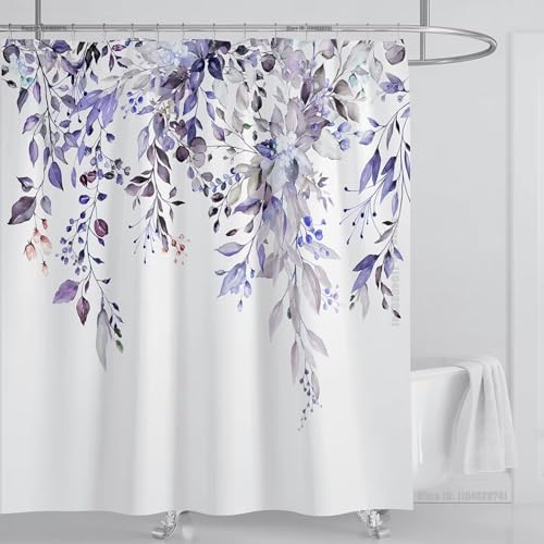 Smaragdgrüner Eukalyptus-Duschvorhangstoff mit Aquarell-Pflanzenblättern und floralem Badezimmer-Duschvorhang-Set mit Haken 125x225cm/BxH, wasserdicht und schimmelresistent