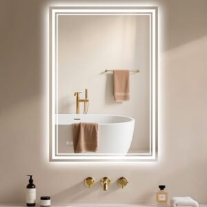 Badspiegel mit LED-Beleuchtung 40x60cm, Badezimmerspiegel mit antibeschlagender Funktion und Touch-Schalter, Dimmbar in 3 Lichtfarben, IP44 Wasserspritzschutz