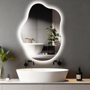 Badspiegel mit LED-Beleuchtung, asymmetrisch, 70x50 cm, entfoggt, touch-schaltbar und dimmbar, Uhr-Spiegel Bad mit Beleuchtung, bruchsicher